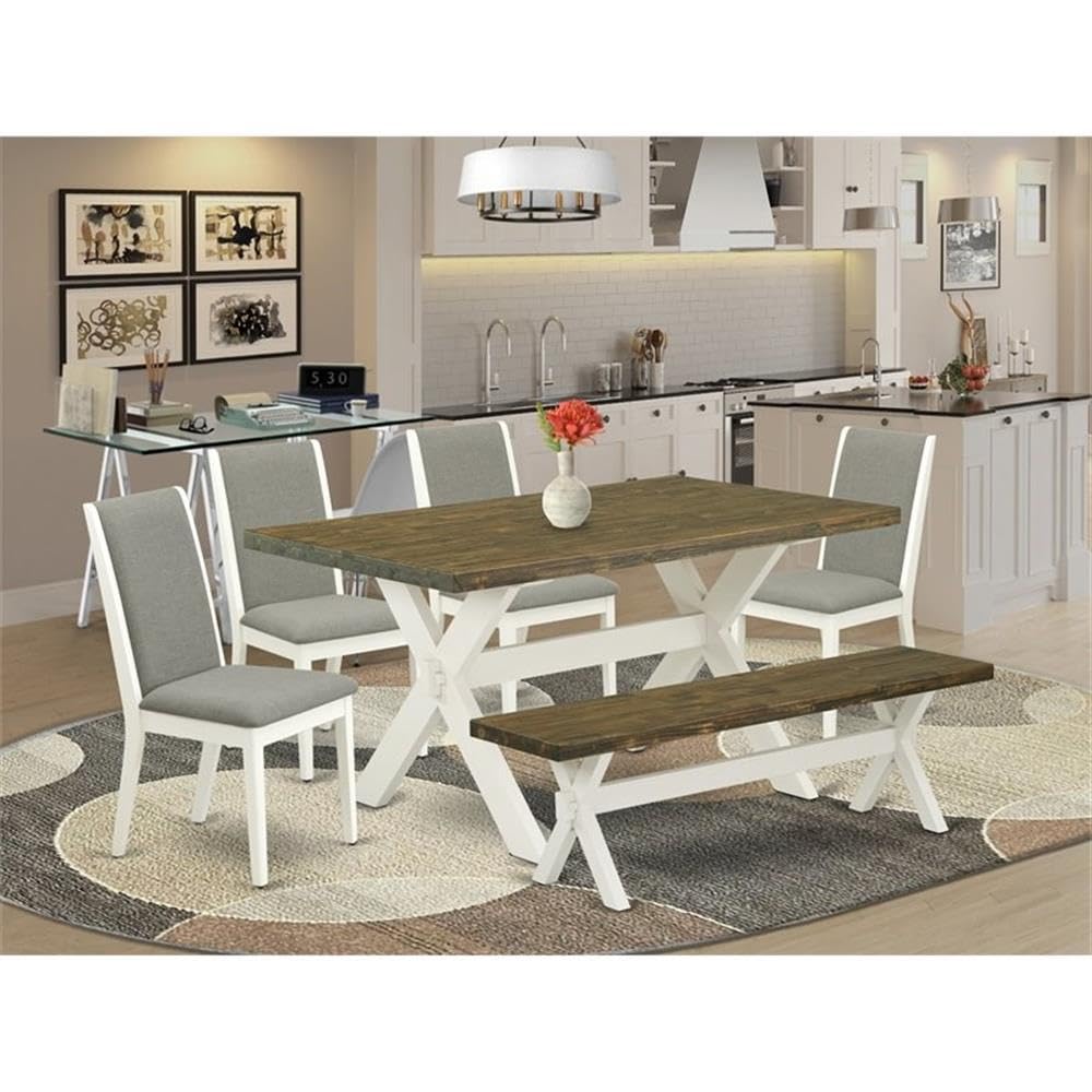 East West Furniture X076La206-6 6 Piece Dining Table Set Contains A Rectangle Dining Room Table With X-Legs And 4 Shitake Linen Fabric Parson Chairs With A Bench, 36X60 Inch, Multi-Color